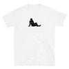 White gay shirt featuring a black graphic of a reclining bear figure.