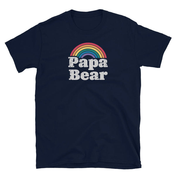 Gay Papa Bear Community Tshirt for Gay Pride Shirt Gay Bear Tee Rainbow design with rainbow graphic on navy blue.