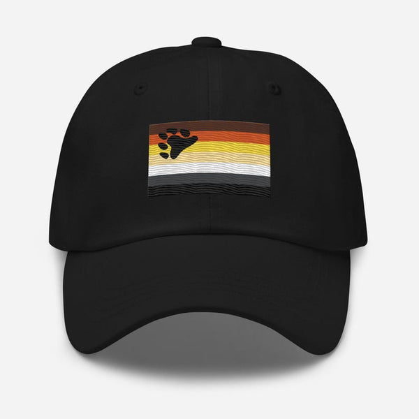 Black dad hat featuring gay pride bear paw design on front.