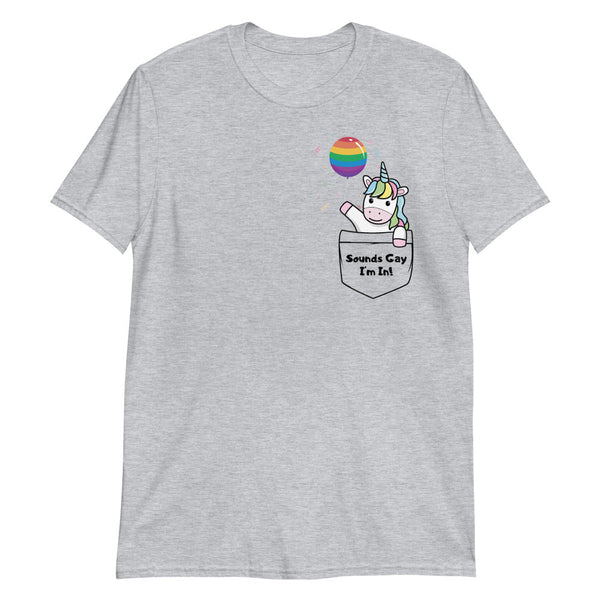 Gay Pride Shirts, LGBT Rainbow Unicorn Sounds Gay I'm In TShirt, gray tee with unicorn graphic.