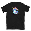 Black t-shirt featuring a shark and rainbow flag design, perfect for gay pride apparel.