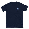 Navy blue gay shirt with shark graphic and rainbow flag design, perfect LGBTQ pride apparel.