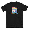 Black shirt with shark graphic holding rainbow flag, featuring 'EQUALITY' in colorful letters.
