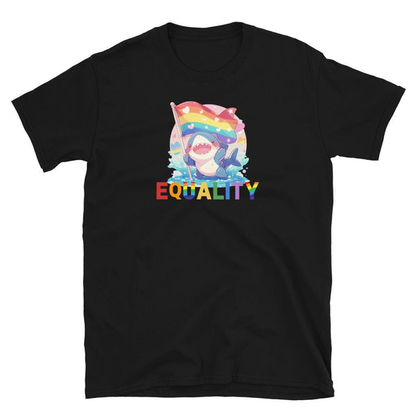 Black shirt with shark graphic holding rainbow flag, featuring 'EQUALITY' in colorful letters.