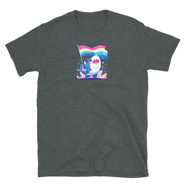 Gay Pride Shirts LGBTQ Ally Gift Shark Rainbow Gay Flag Funny LGBTQ Pride graphic on a dark t-shirt.