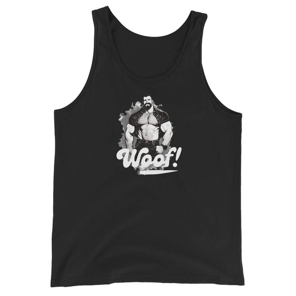 Gay Pride Woof Daddy Bear Tank Top featuring bold 'Woof!' graphic on a black tank.