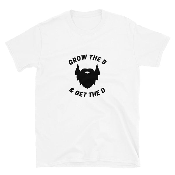White gay shirt with humorous beard graphic and slogan, Gay Scruff T-Shirt - Grow The Beard & Get the D.
