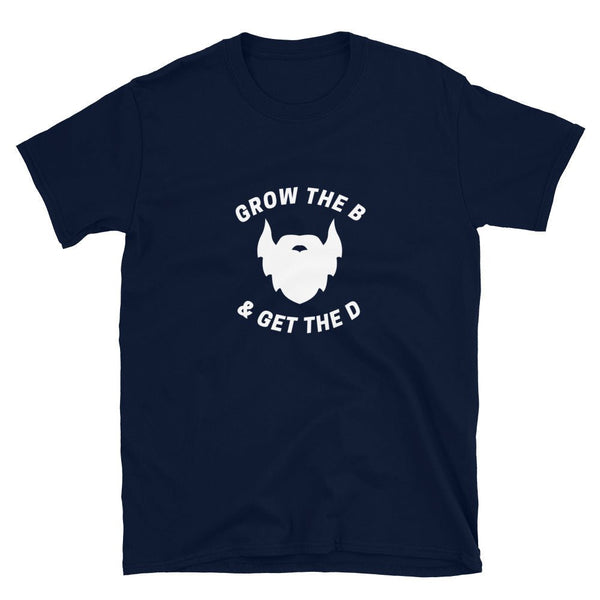 Gay Scruff T-Shirt - Grow The Beard & Get the D, navy shirt with funny bear graphic.