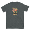Dark heather gay shirt featuring 'Gay The Pray Away' design with colorful graphics.