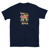 Navy gay shirt featuring colorful 'Gay The Pray Away' design for pride.