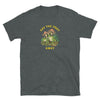Dark heather t-shirt with 'Gay The Pray Away' design featuring frogs and mushrooms.
