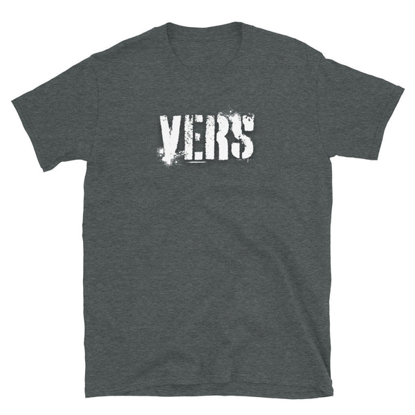 Gay Versatile Shirt - Vers in Dark Heather with distressed 'VERS' print design.