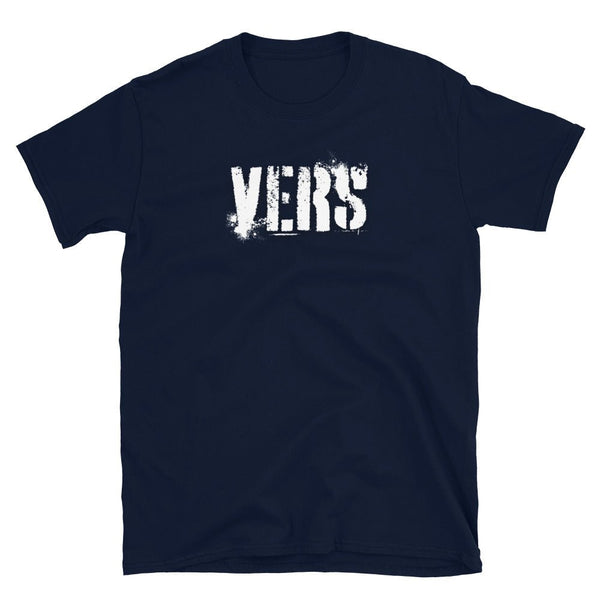 Gay Versatile Shirt - Vers. navy blue shirt with distressed 'VERS' text design.