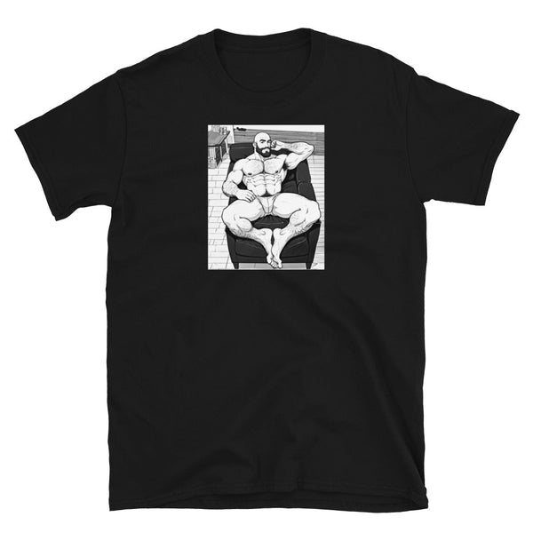 Black t-shirt featuring gay vintage picture Art Daddy Gay LGBTQ Pride Leather Daddy Gay Pride design.