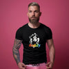 Man wearing gay shirt with vintage Leather Daddy design on plain black fabric.