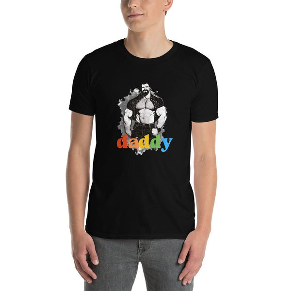 Black gay shirt featuring a vintage Leather Daddy graphic design.