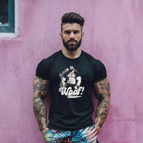Model in gay Woof Leather Daddy - Tshirt featuring muscular bear graphic.