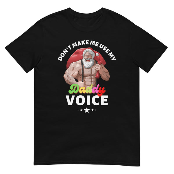 Black t-shirt featuring a muscular Santa with text, funny gay shirt for pride.