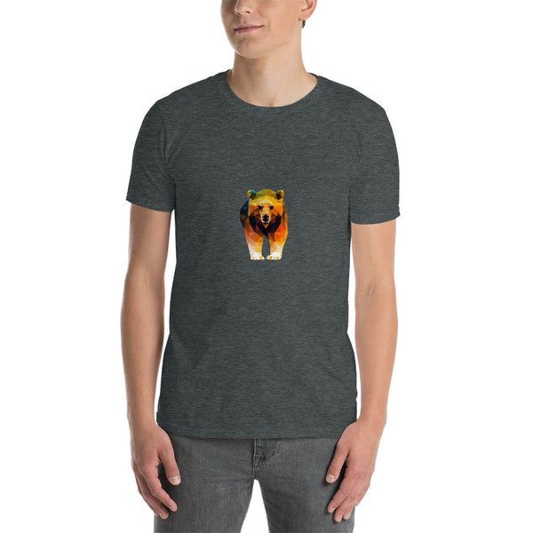 Model wearing Geometric Gay Bear T-Shirt in dark heather gray.
