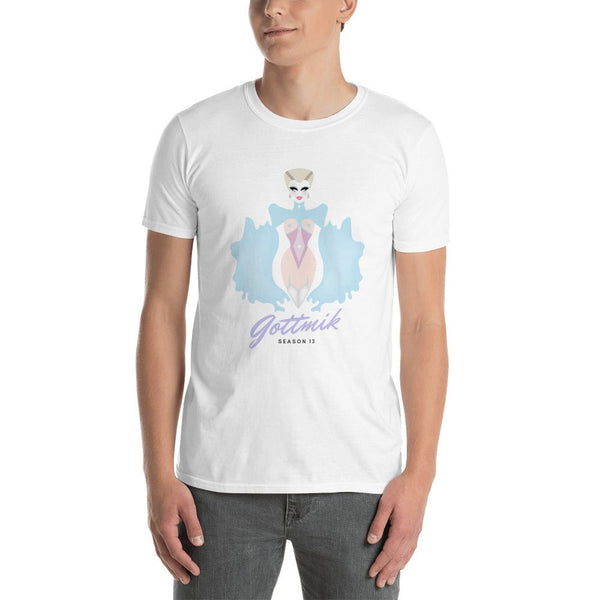 Unisex white GOTTMIK T-Shirt featuring a colorful pop art drag queen design.