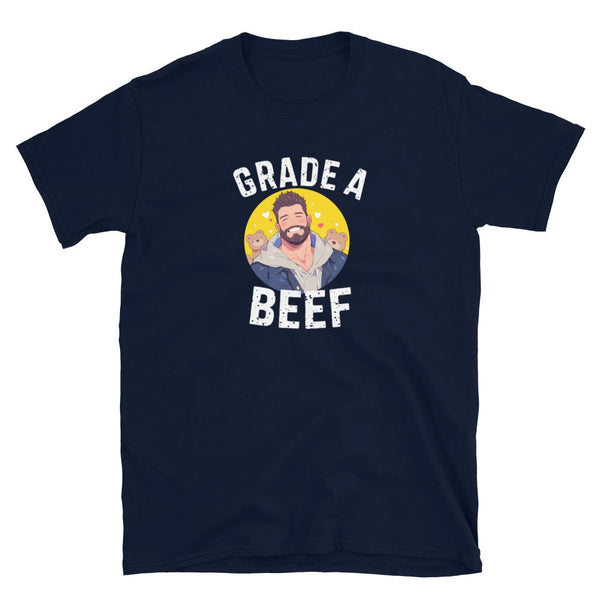 Navy blue shirt featuring 'GRADE A BEEF' design for gay bear community pride.