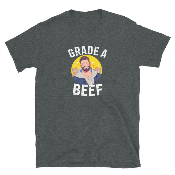 Gray t-shirt featuring Grade A Beef design, ideal gay pride apparel for bear community.