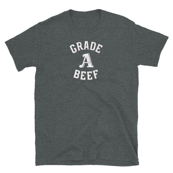 Dark grey t-shirt with 'GRADE A BEEF' graphic, ideal gay pride apparel.