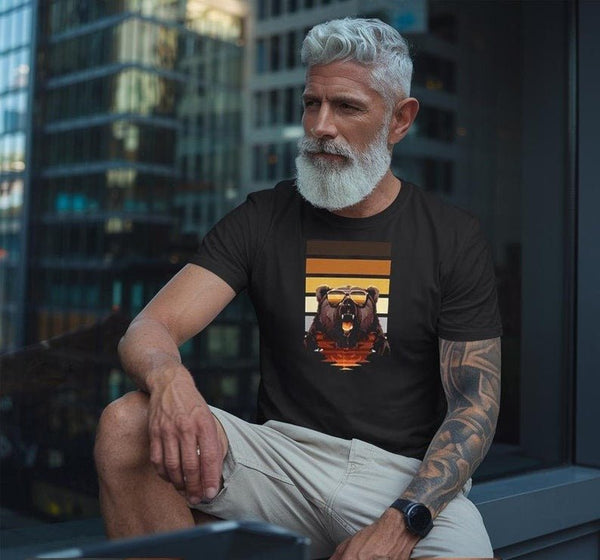 Man wearing a black gay shirt featuring bear graphics, showcasing Grizzly Gay Bear T-shirt.