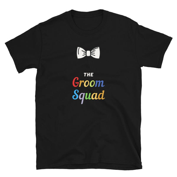 Black t-shirt featuring colorful text design for Groom Squad Shirt LGBT Pride Rainbow Bachelor Party Gift.