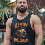 muscular bearded man wearing a black ‘Happy Halloween’ QRLY Merch tank top outdoors