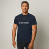Model wearing navy blue funny gay shirt featuring He Him Good Boy graphic.