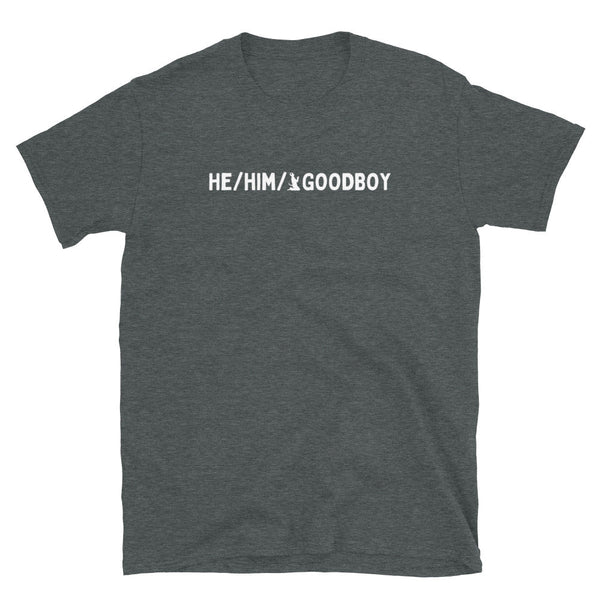 Dark heather gay shirt with "He/Him/Goodboy" text, perfect for LGBTQ pride.