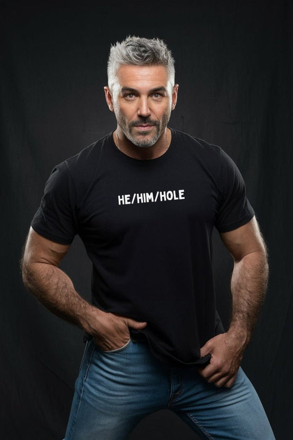 Model wearing HE HIM Hole Tshirt - Gender Pronouns Shirt, Lgbtq Pride Shirt, Gay Tshirt.