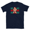 Navy blue gay shirt with Santa design, featuring a muscular man and festive colors, perfect for pride apparel.