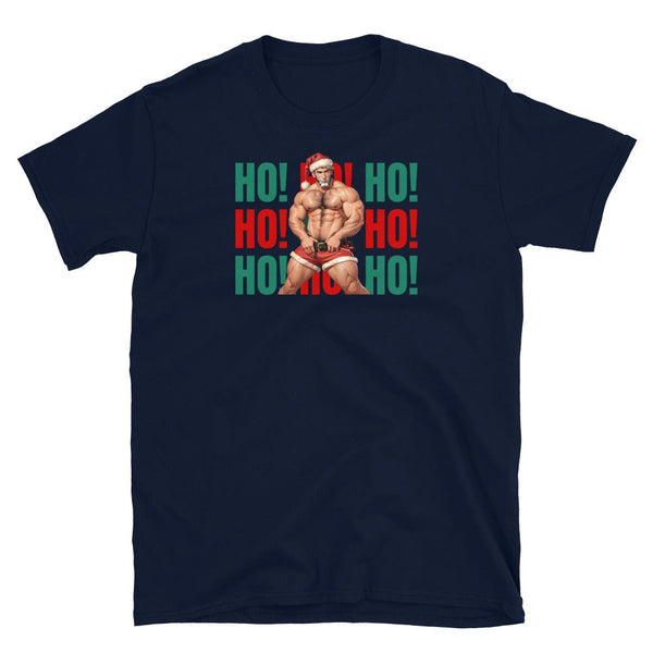 Navy blue gay shirt with Santa design, featuring a muscular man and festive colors, perfect for pride apparel.