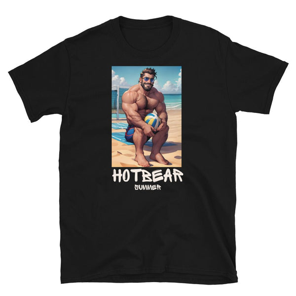 Black gay shirt featuring a muscular man with beach volleyball, Hot Bear Summer design.