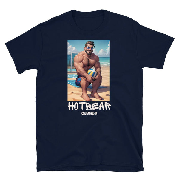 Hot Bear Summer Gay Bear T-shirt featuring a toned man at the beach with volleyball.