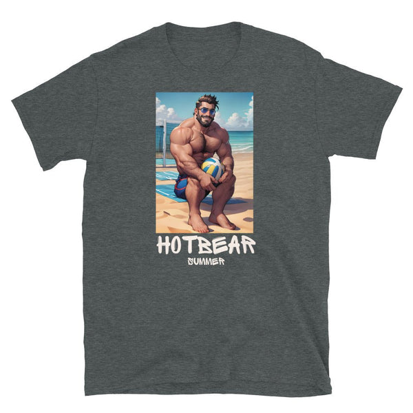 Hot Bear Summer Gay Bear T-shirt featuring muscular man by beach with volleyball.