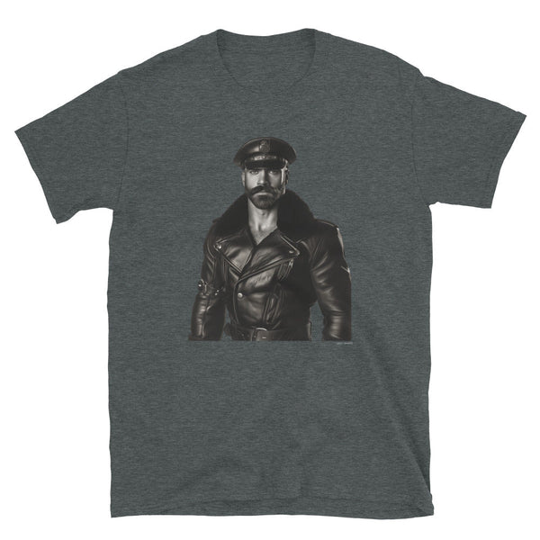 Hot Gay Hunk Moustache Daddy Leather Jacket Gay Pride Vintage Biker shown on a dark t-shirt.