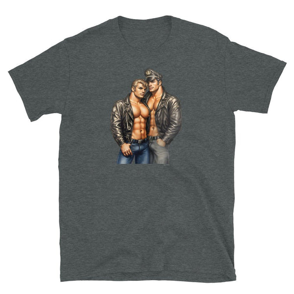 Graphic gay shirt featuring muscular men in leather jackets.