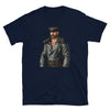 Hot Gay Hunk Moustache Daddy Leather Jacket Gay Pride Vintage Biker t-shirt design featuring a muscular man in leather.