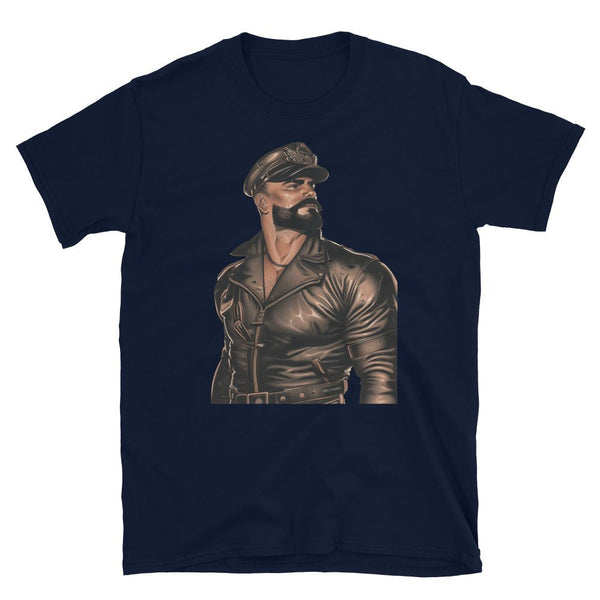 Hot Gay Hunk Moustache Daddy Leather Jacket Gay Pride Vintage Biker design on navy shirt.