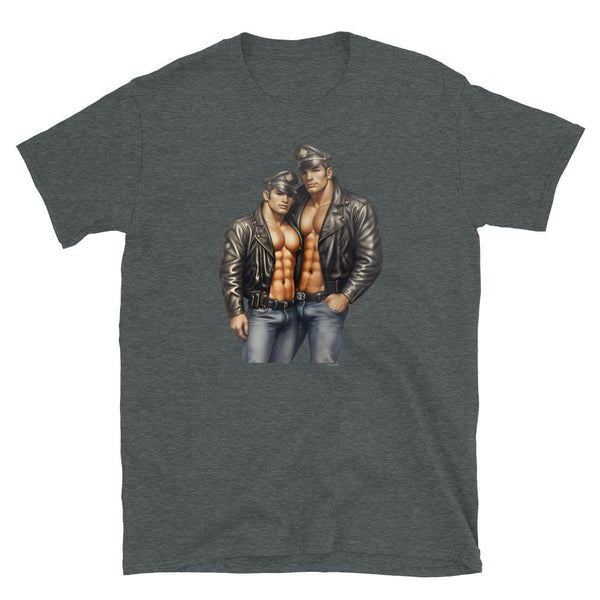 Hot Gay Hunk Moustache Daddy Leather Jacket Gay Pride Vintage Biker t-shirt on dark fabric.