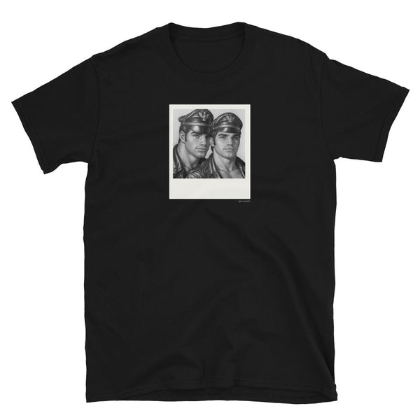Black gay shirt featuring two men in leather hats illustration.
