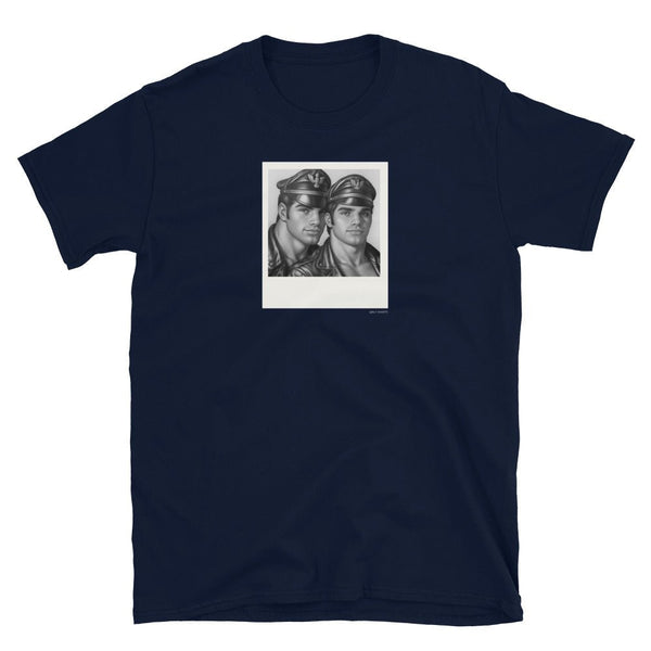 Vintage biker-themed navy gay shirt featuring two handsome men in hats.