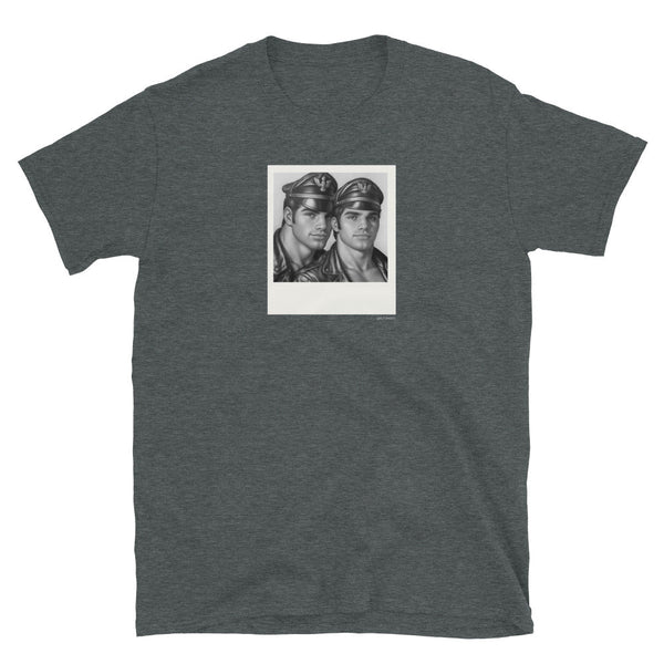 Gay shirt featuring two muscular men in leather hats, LGBT clothing.
