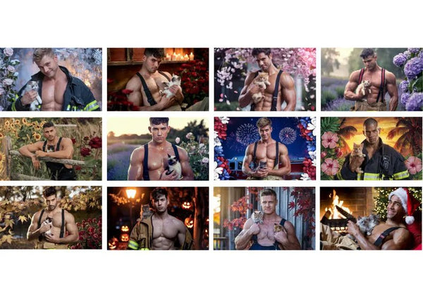 Hot Heroes and Kitten Cuddles 2026 Calendar – Sexy Firefighter Hunks with Cute Cats collage, LGBTQ gift.