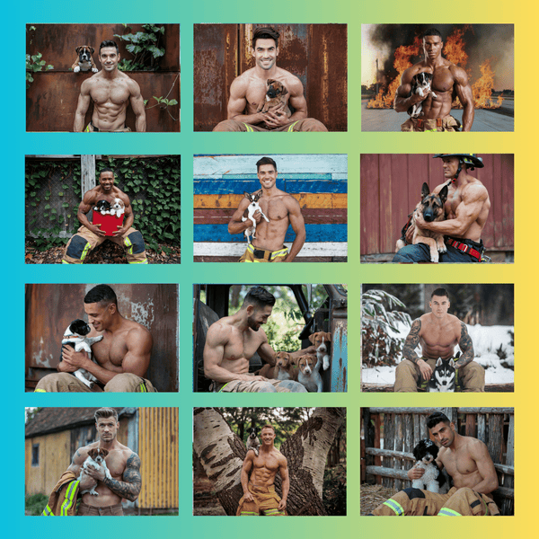 Hot Heroes & Puppy Love 2026 Calendar – Sexy firefighters posing with adorable dogs.