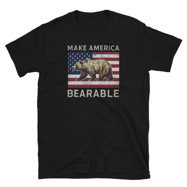 Black gay shirt featuring bear design with 'Make America Bearable' text.
