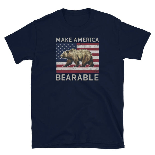 Navy gay shirt featuring bear graphic and 'Make America Bearable' text.